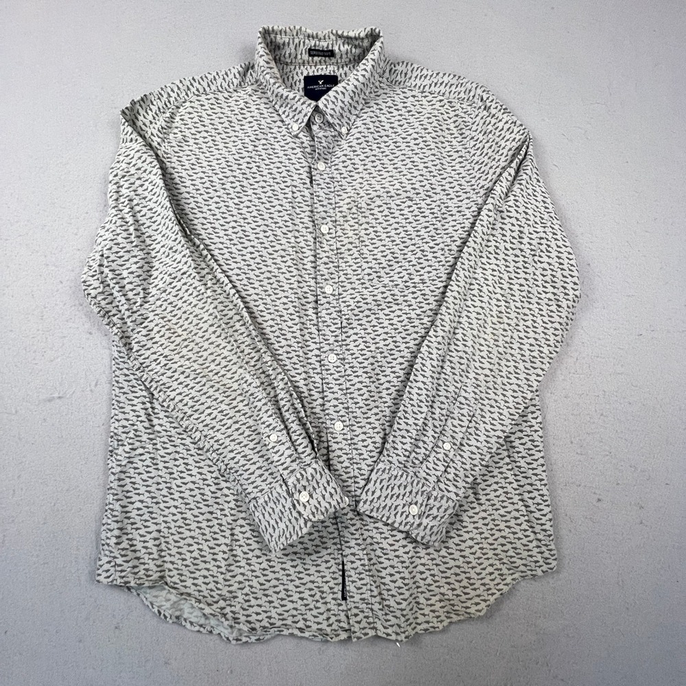 American Eagle Button Down Shirt Mens Large White Shark Print Heritage Slim Fit